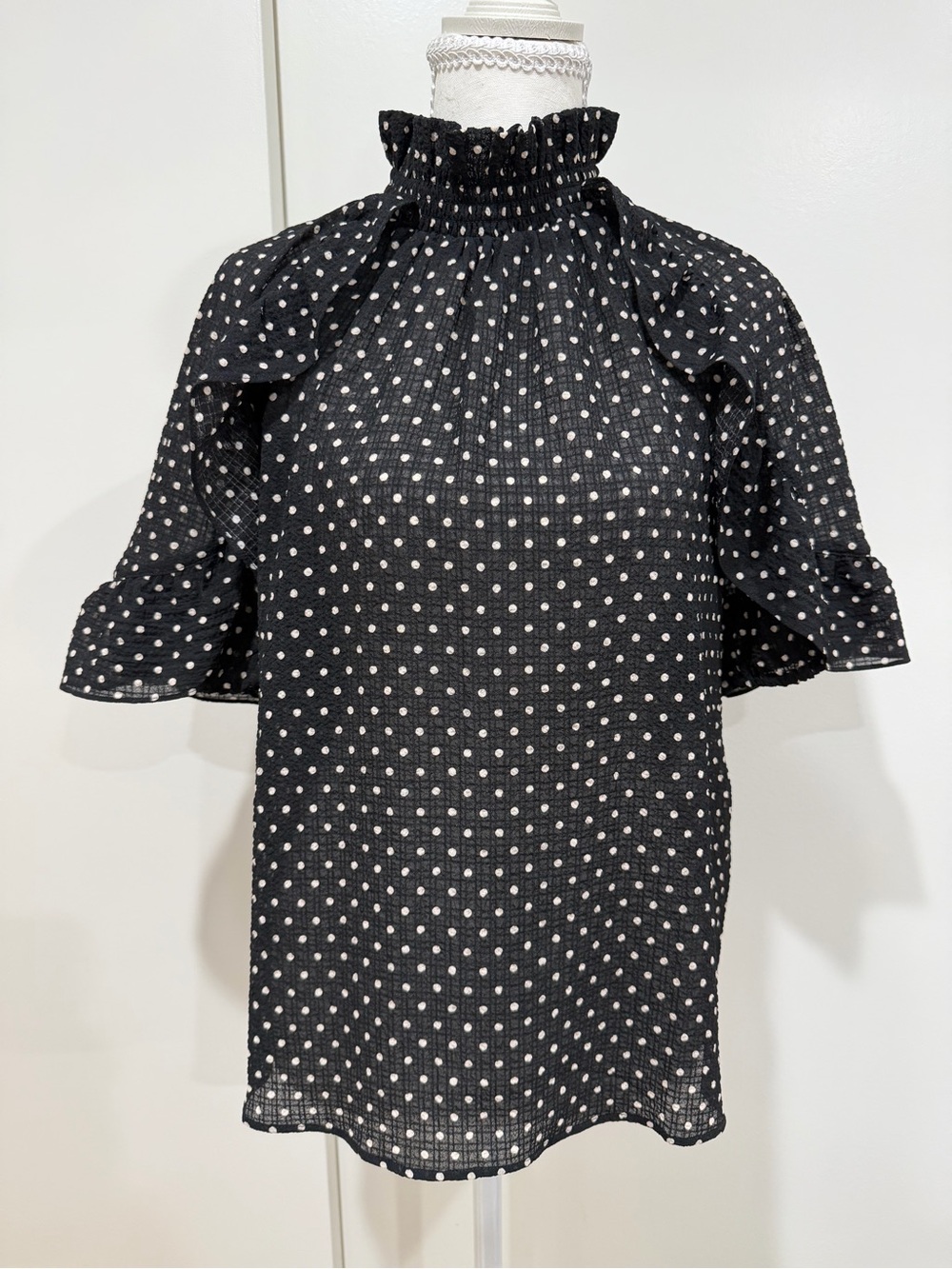 Sezane Smocked High-Neck Black Polka Dot Blouse